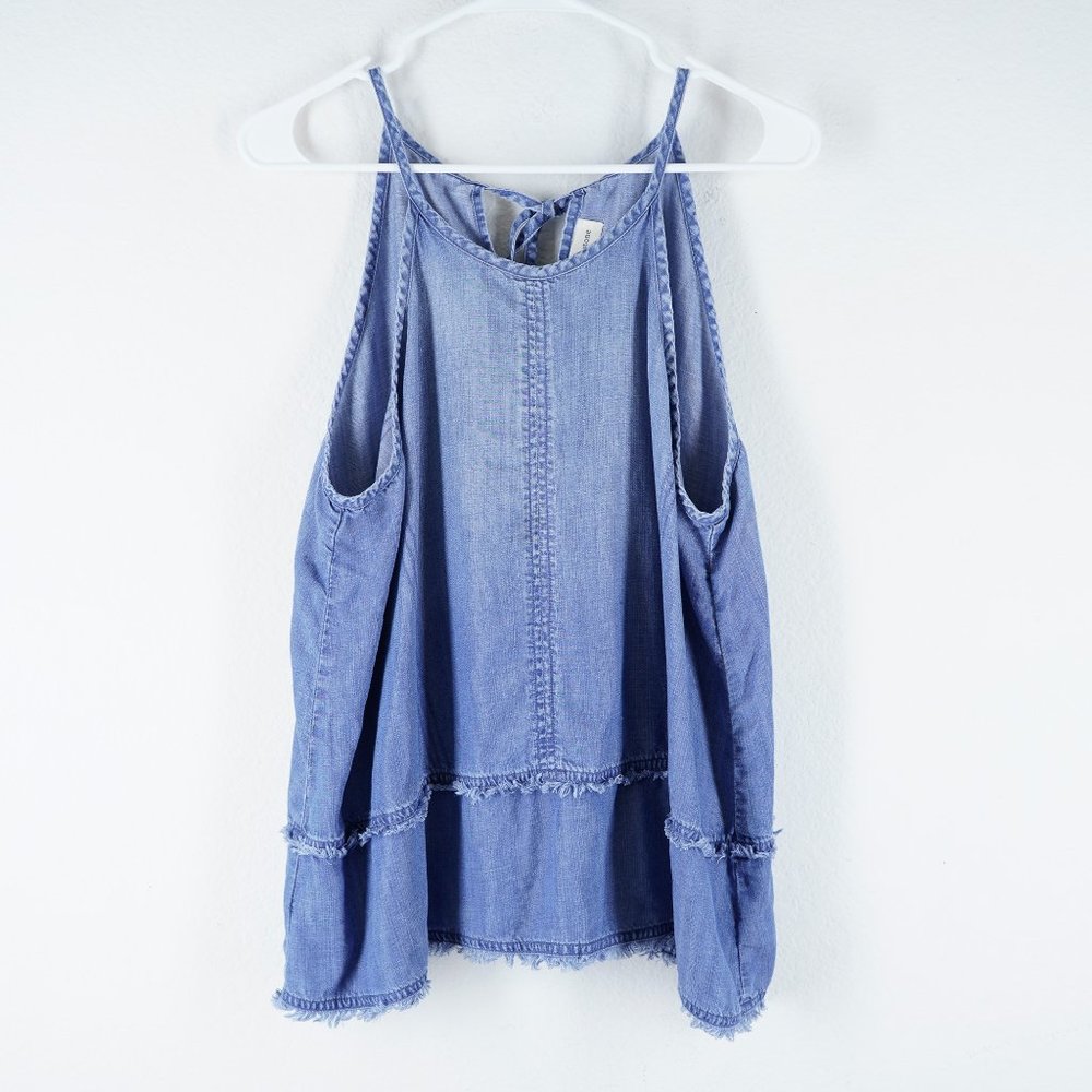 CLOTH & STONE Womens Size Large Chambray Denim Blue Frayed Tank Top Oversize